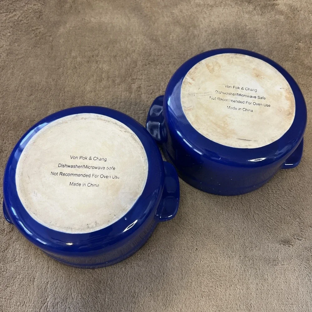 Von Pok & Chang Royal Blue Soup Bowls Stoneware‎ w/Black Rim Set of 2